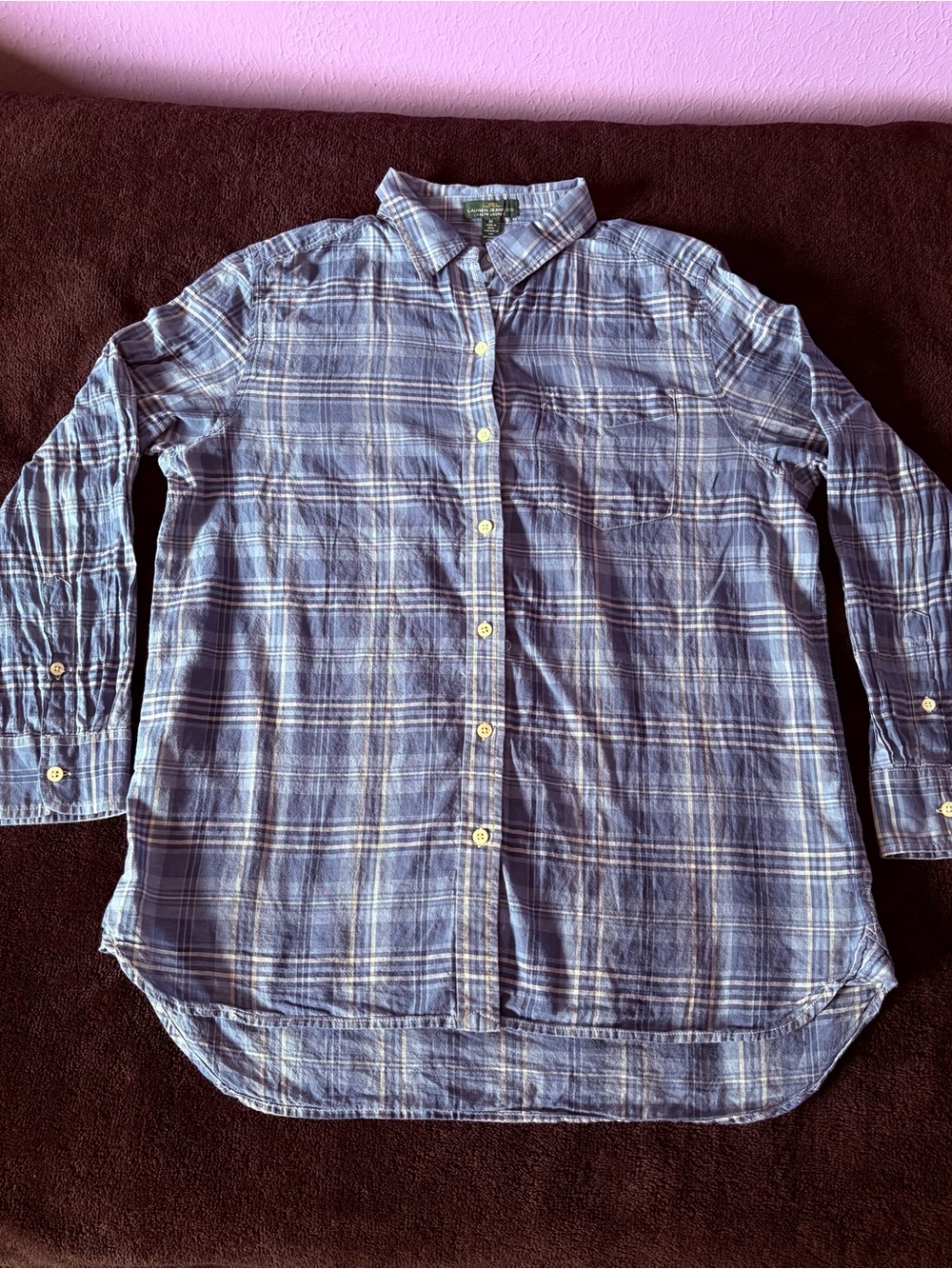Lauren Jeans Ralph Lauren LRL round bottom hem blue plaid button up shirt med
